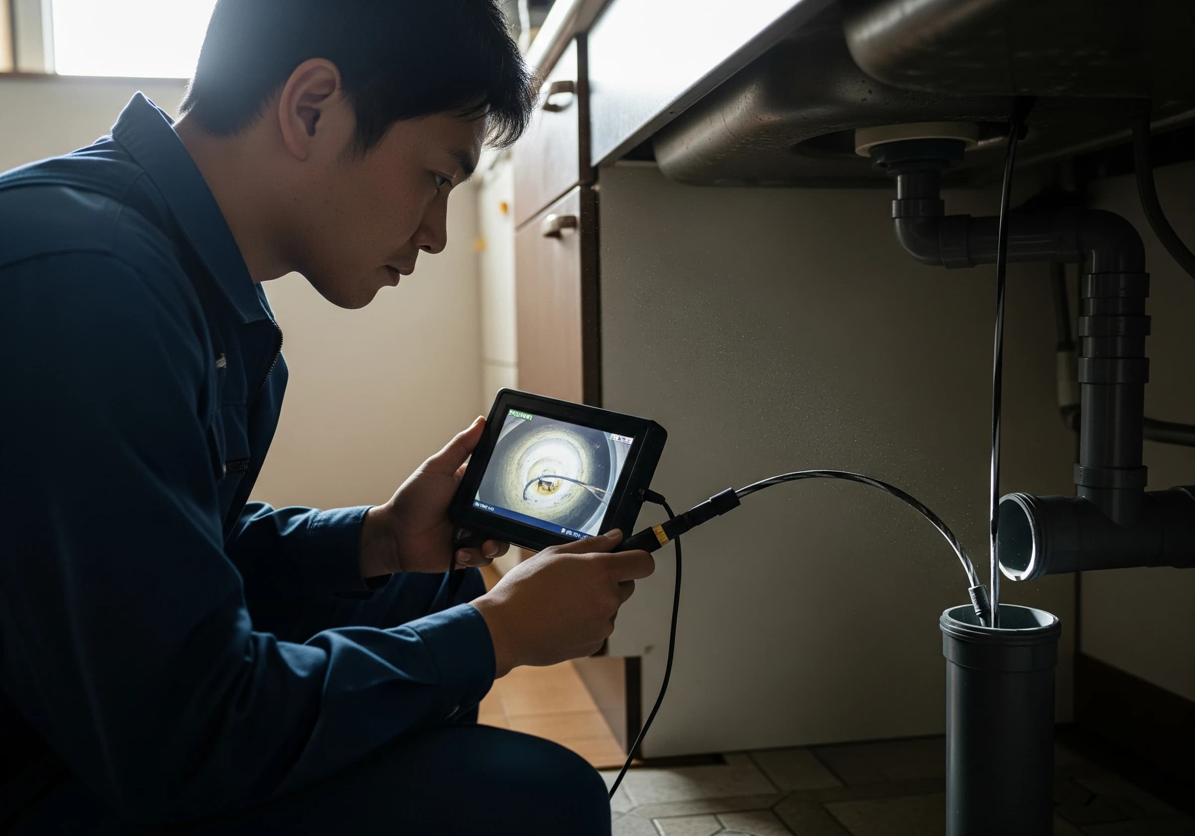 洗管カメラで排水管内部を点検する作業員