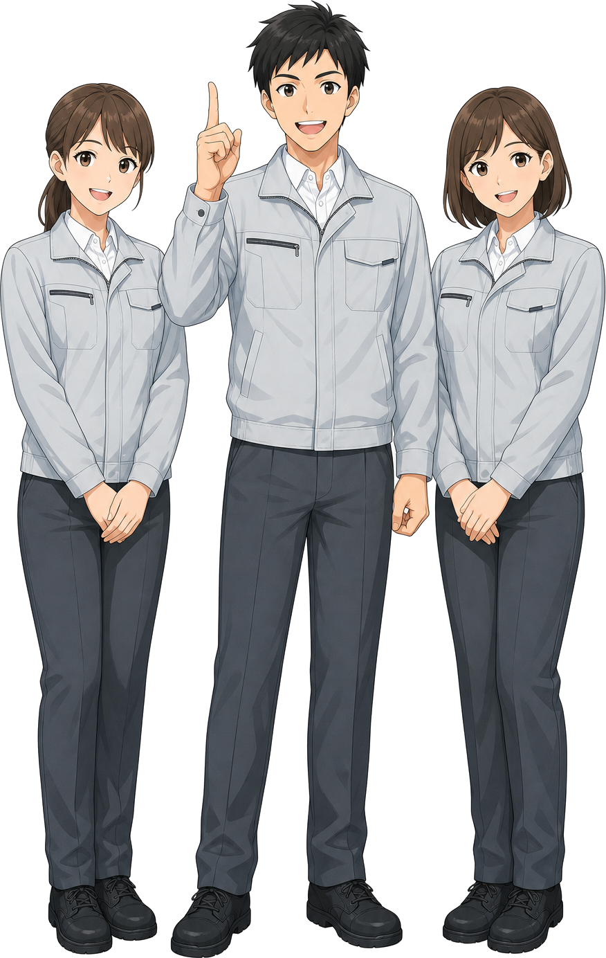 作業着を着たスタッフ3名(男性1名・女性2名)が笑顔で指を差しているイラスト